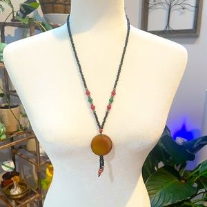 Polished Brown Stone Pendant Seed Bead Necklace Vintage